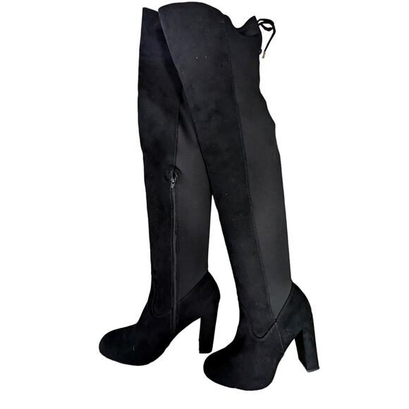 NWOT! BAMBOO! OVER-THE-KNEE BLACK VEGAN SUEDE ELASTIC BACK CHUNKY BOOTS! SZ 8.5M - Picture 3 of 11